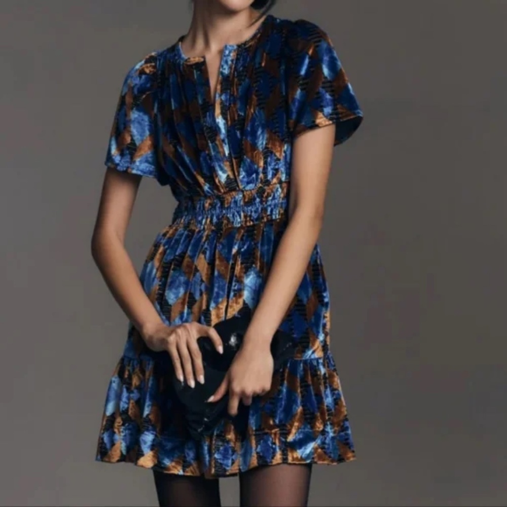 Anthropologie Somerset Mini Dress: Velvet Edition blue brown Women's medium m
